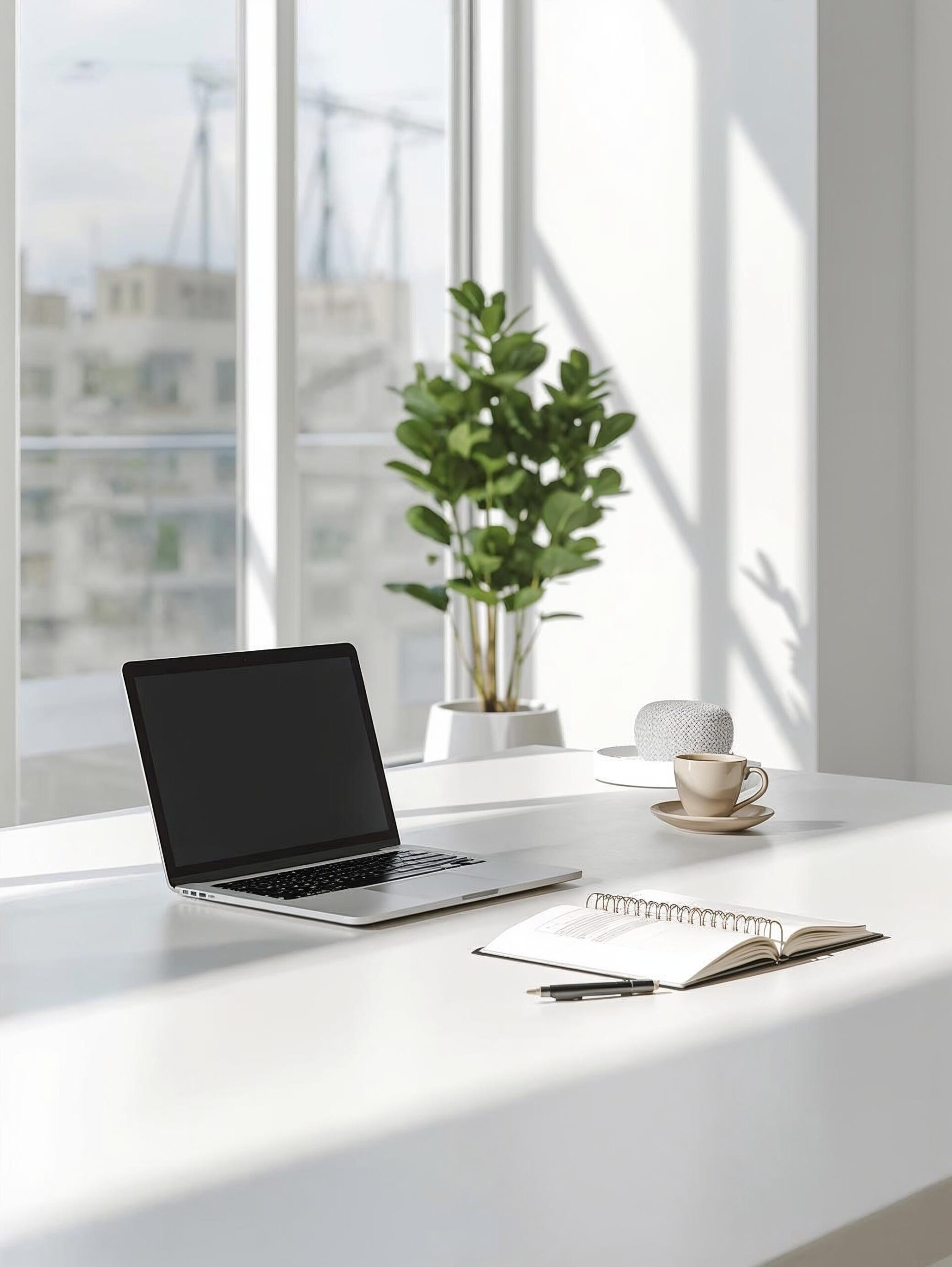 Helles Büro mit Laptop und Notizbuch