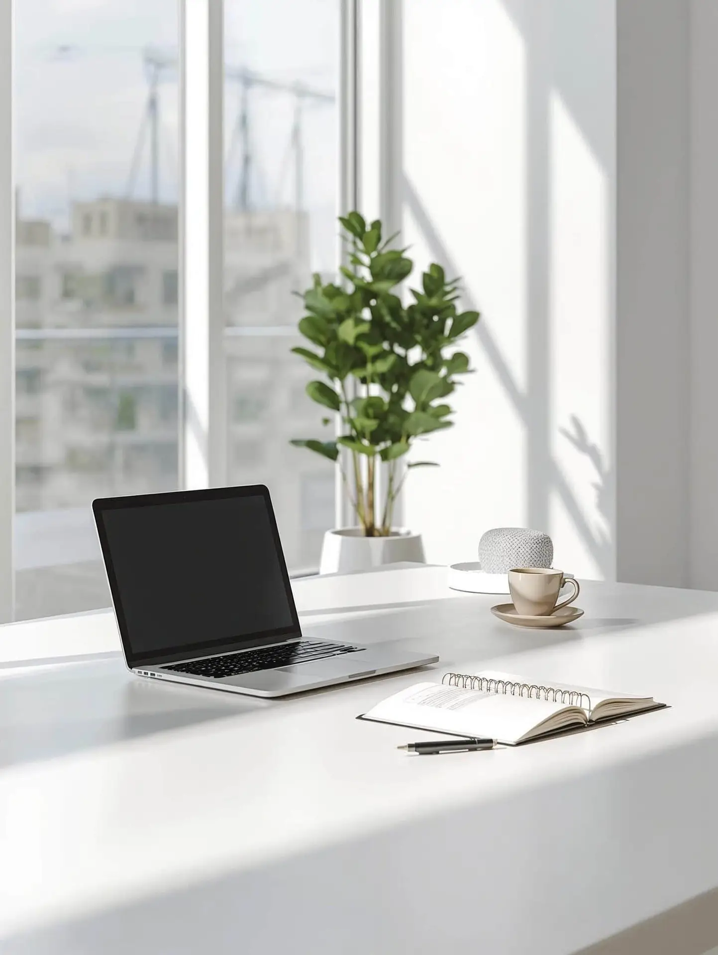 Helles Büro mit Laptop und Notizbuch