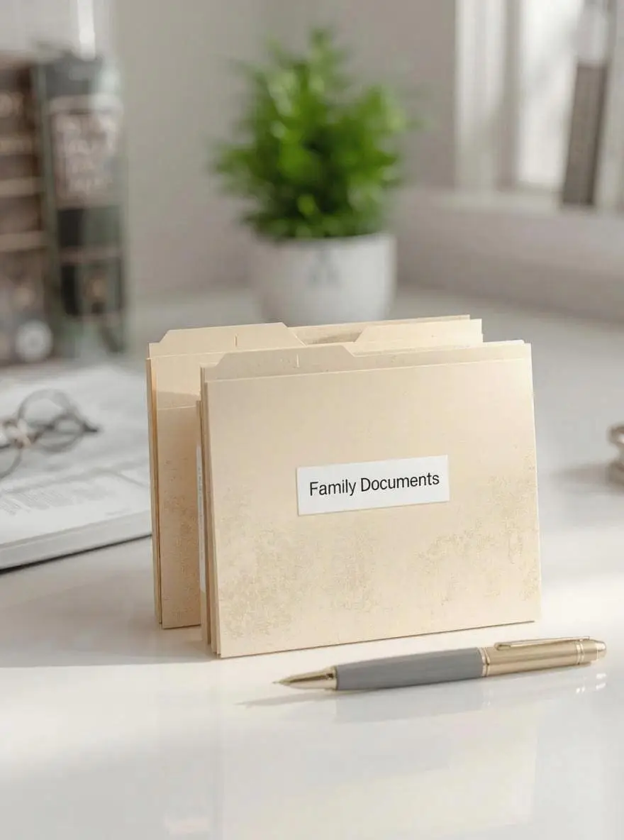 Ordner mit Familienunterlagen auf Tisch