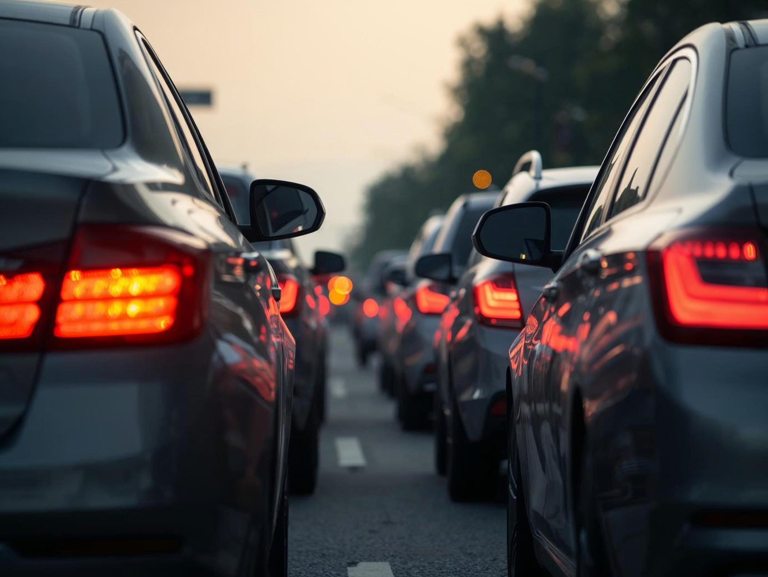 Anwalt für Verkehrsrecht - Stau mit vielen Autos bei Dämmerung