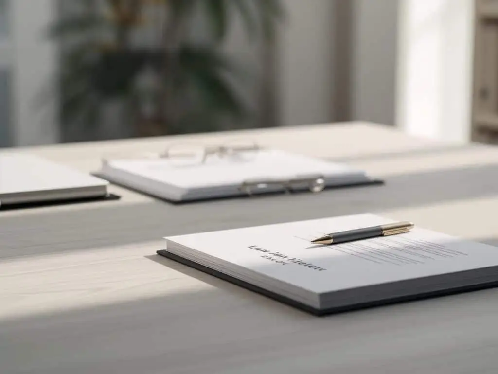 Schreibtisch mit Notizen und Stift.